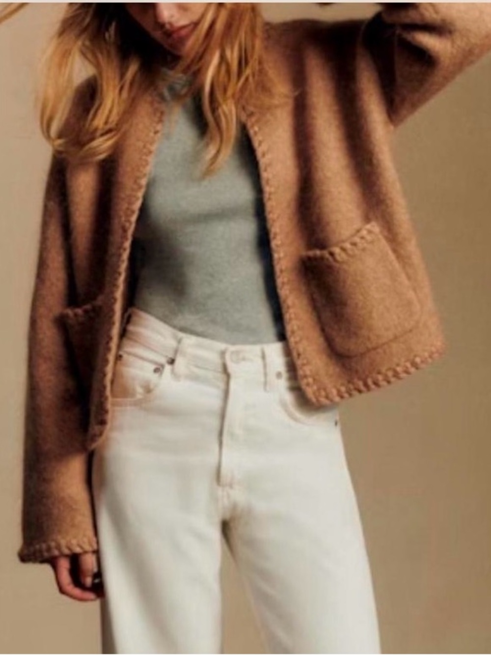 Sézane Lucie Mohair Cardigan Women's Small Camel Whipstitch Trim Merino Wool